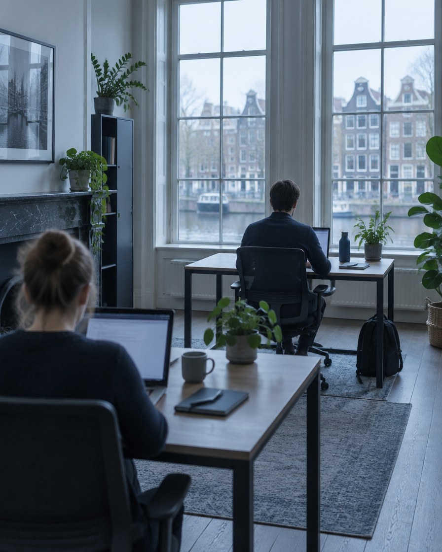Twee mensen aan hun bureau in een licht kantoor