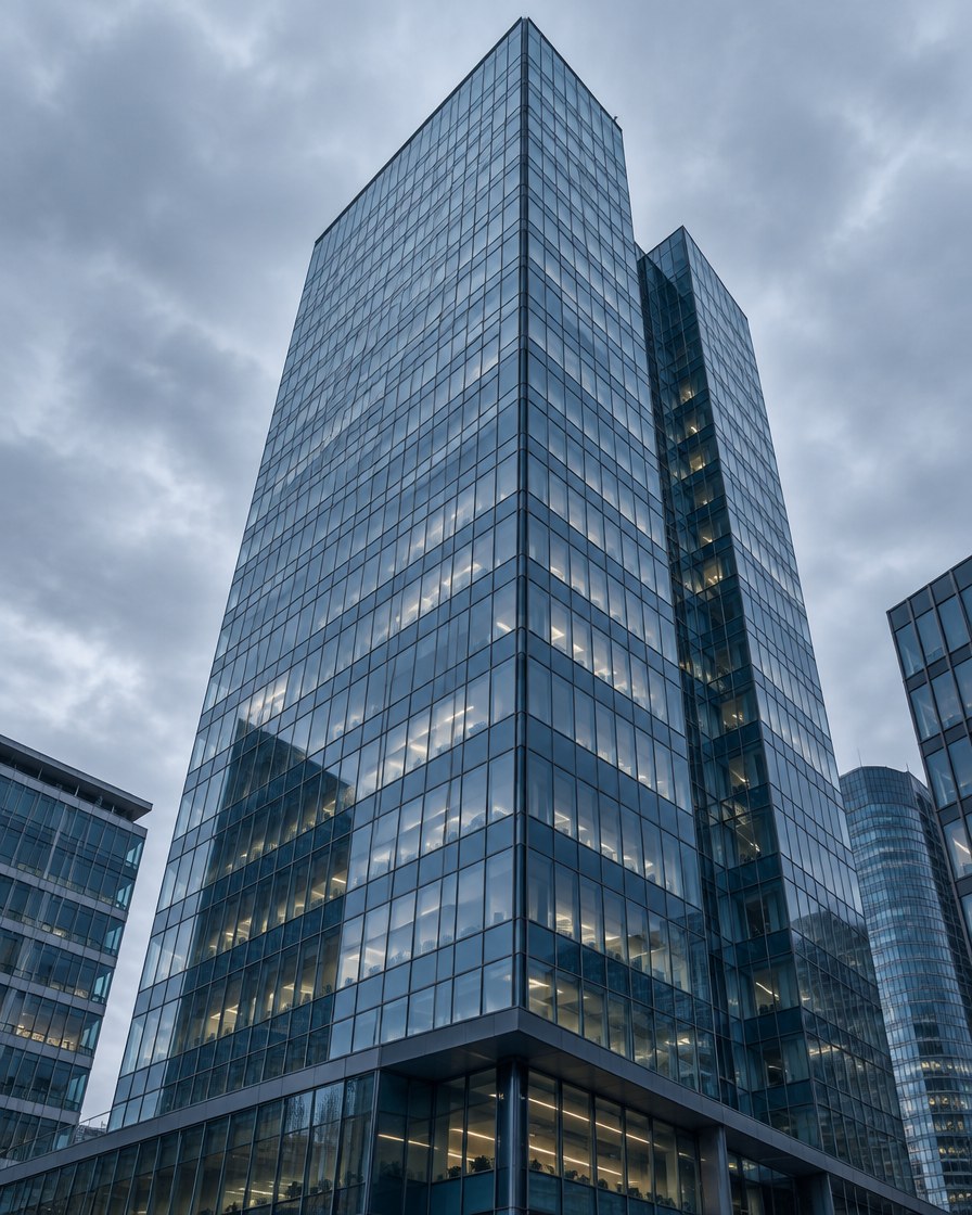 Glazen kantoortoren tegen een bewolkte lucht