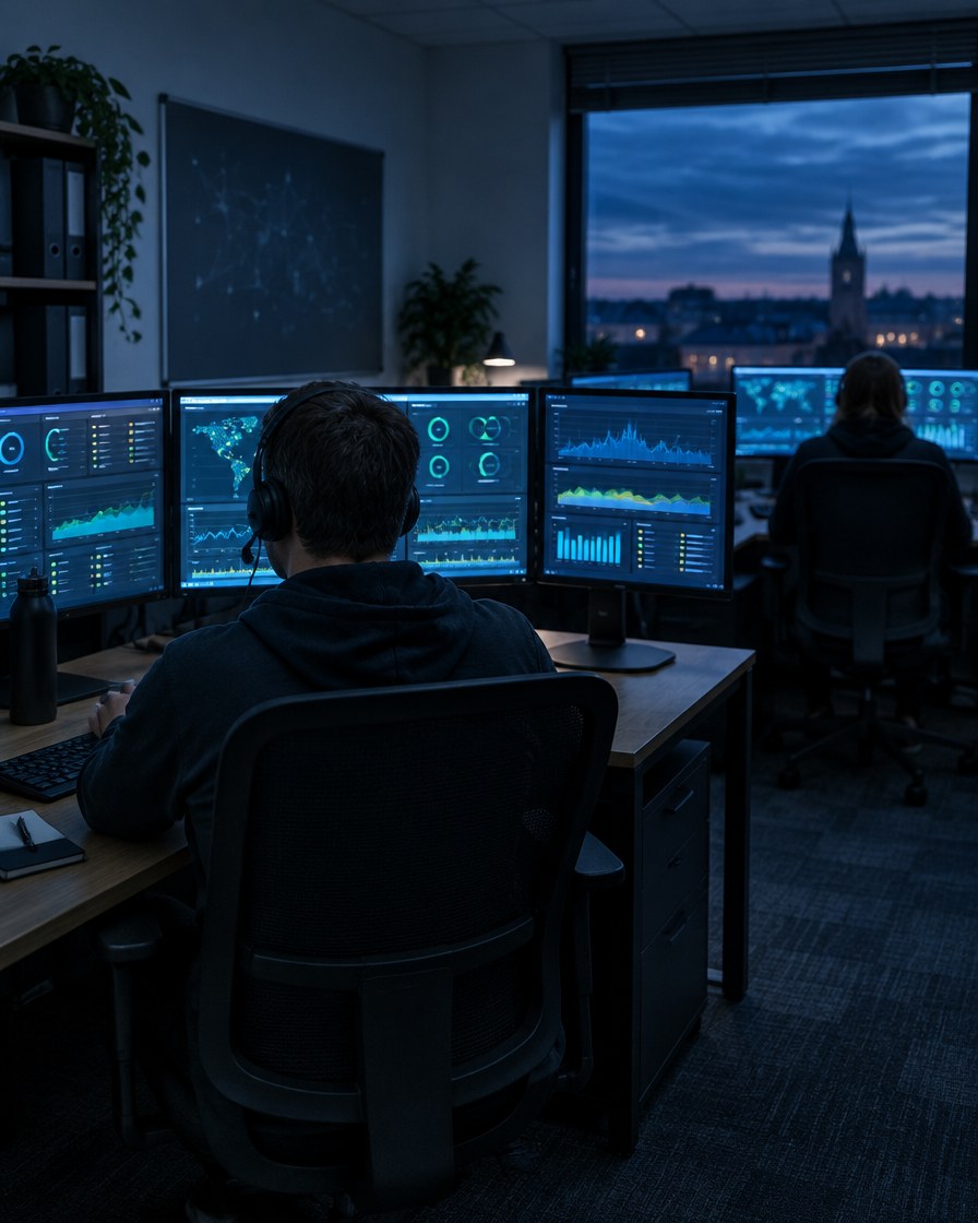 Engineer die de systemen van klanten op meerdere schermen bewaakt