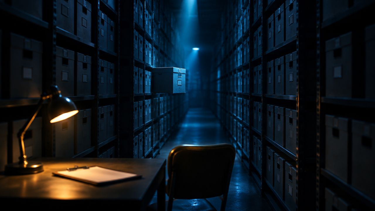 Archiefrekken met identieke dozen, eentje verlicht door een cyaanblauwe lichtbundel, met een oranje lamp en een lege stoel, als beeld van gemarkeerde back-ups