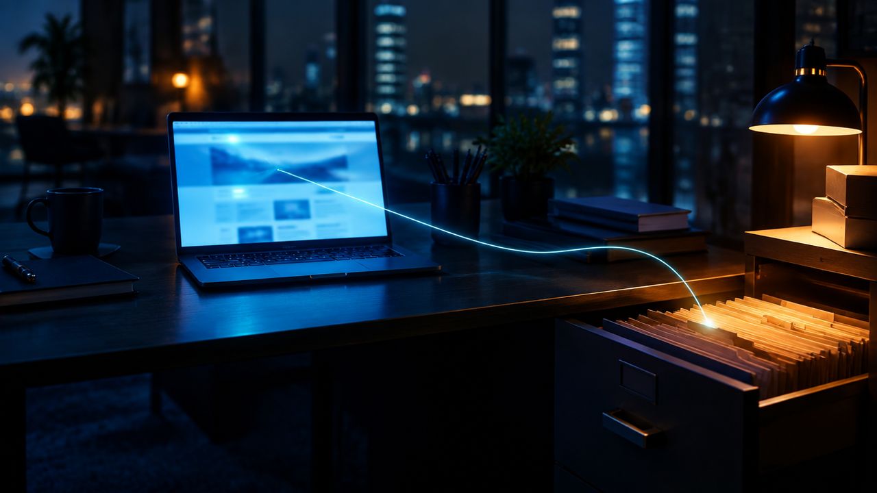 Laptop op een donker bureau met een dunne lichtdraad van het scherm naar een open lade met bedrijfsbestanden