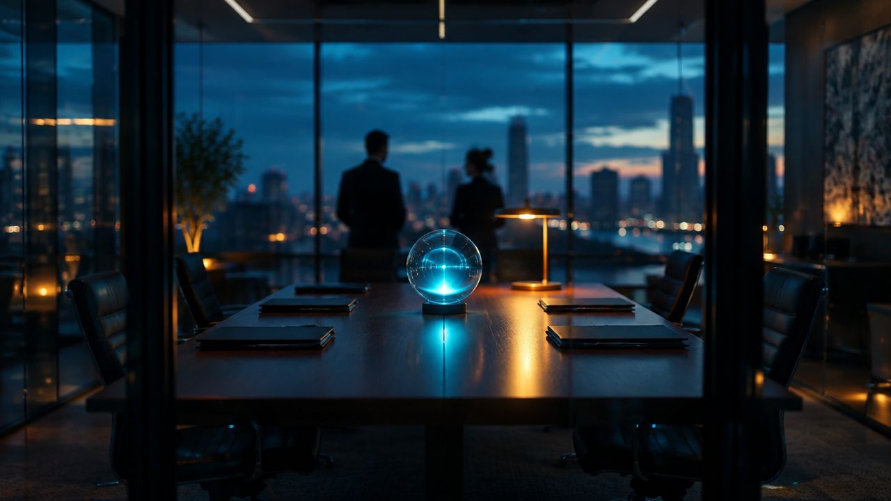 Een gloeiende glazen bol op een vergadertafel, omringd door gesloten mappen, als symbool voor governance en toezicht op AI-systemen