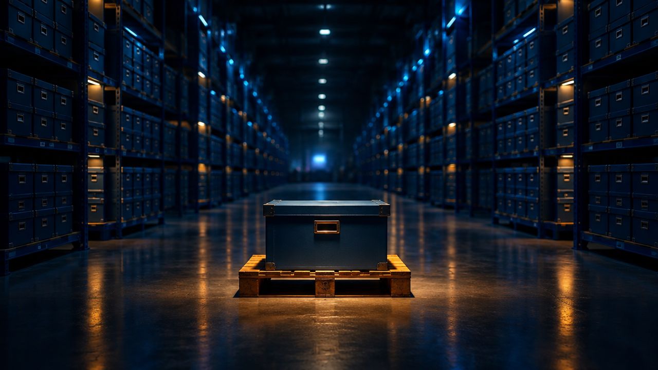 Archiefdoos in amberkleurig licht op een eigen pallet voor eindeloze blauw verlichte opslagstellingen, als beeld van een aparte back-upkopie
