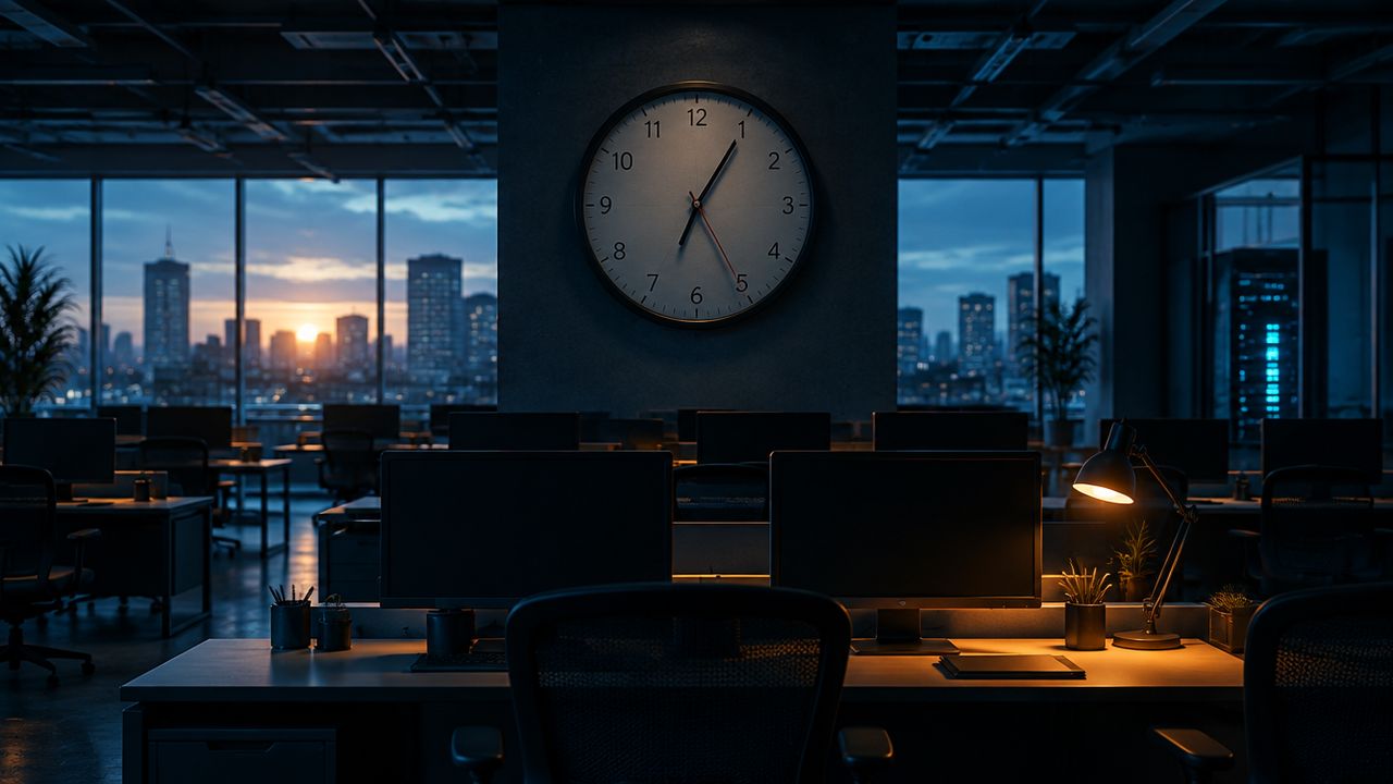 Een wandklok boven een leeg kantoorlandschap met donkere monitors, als beeld van stilgevallen werk bij IT-downtime