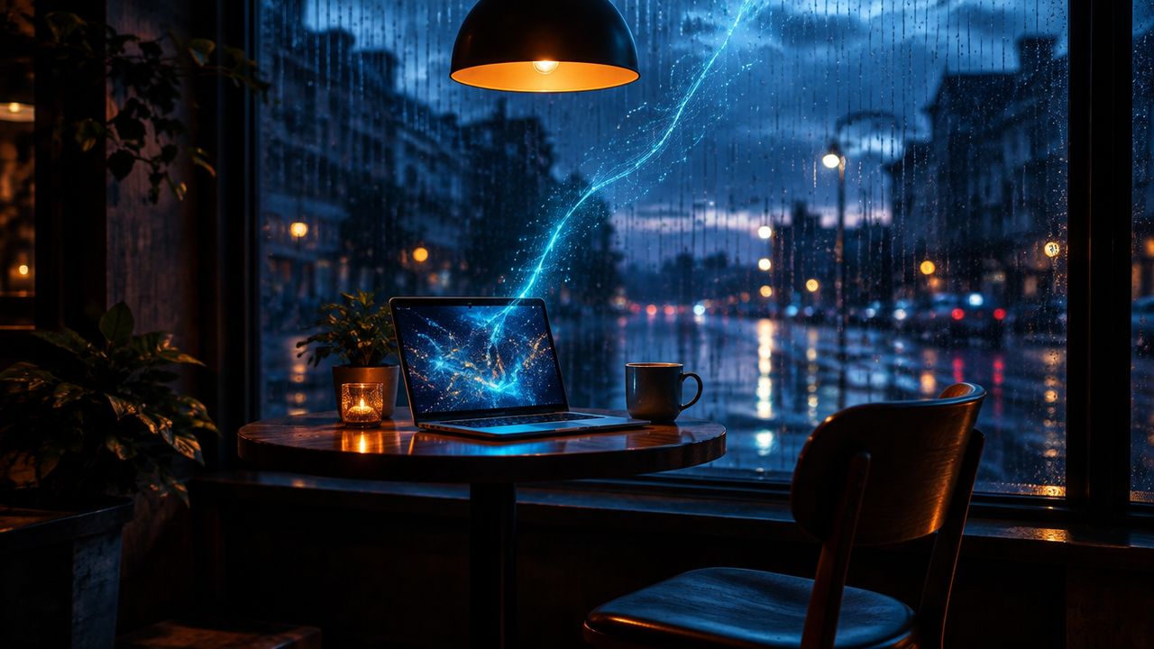 Onbeheerde open laptop op een cafétafel bij een regenachtig raam in de schemering, als voorbeeld van bedrijfsdata die buiten kantoor reist