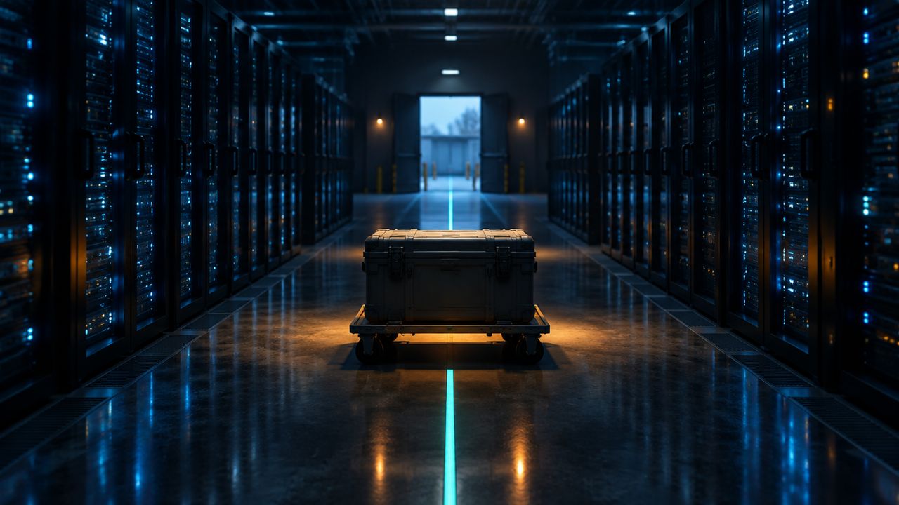 Gang in een serverruimte met een verzegelde transportkoffer op een kar, bedoeld om een kopie van de data buiten het gebouw te brengen