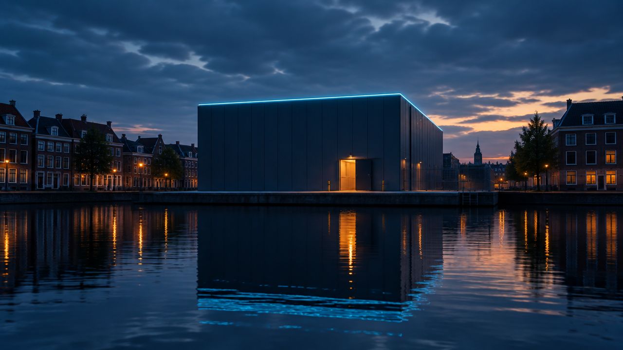 Modern datacenter aan een gracht in een Europese stad bij schemering, met cyaankleurig licht op het dak en een amberkleurig verlichte deuropening