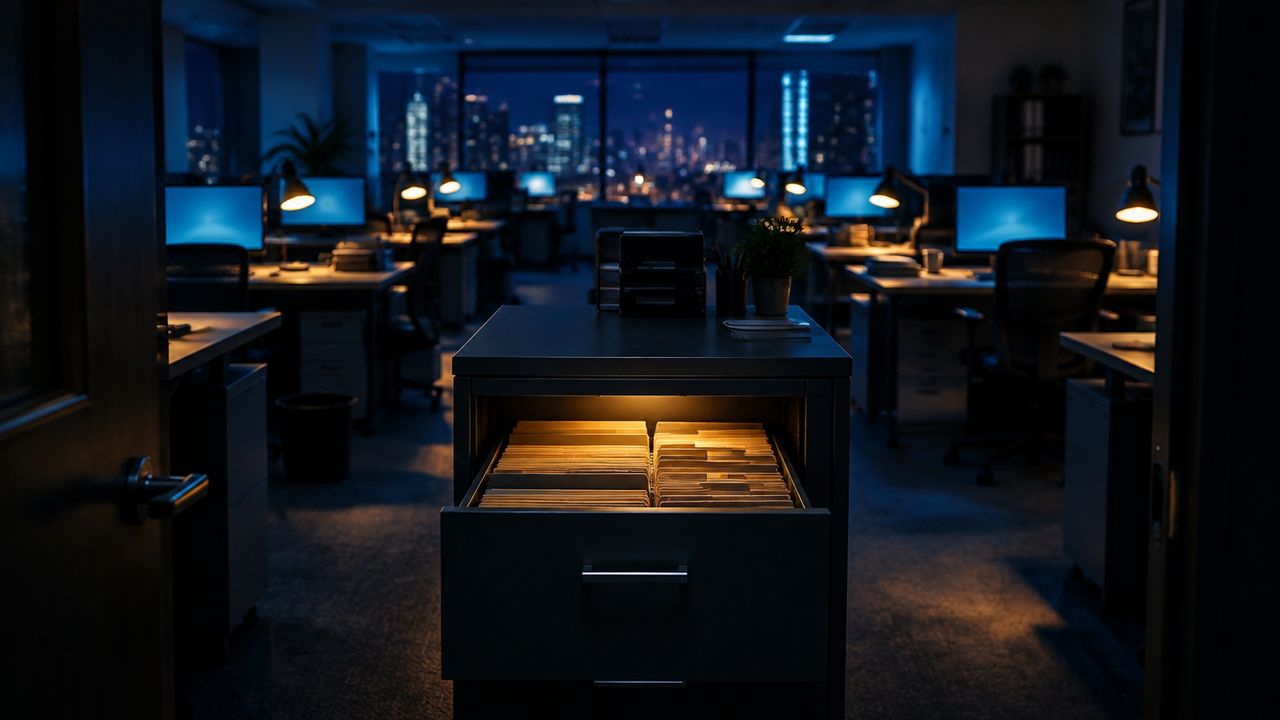 Een verlicht, druk kantoor 's nachts met op de voorgrond een geopende archieflade met amberkleurig licht en geordende mappen