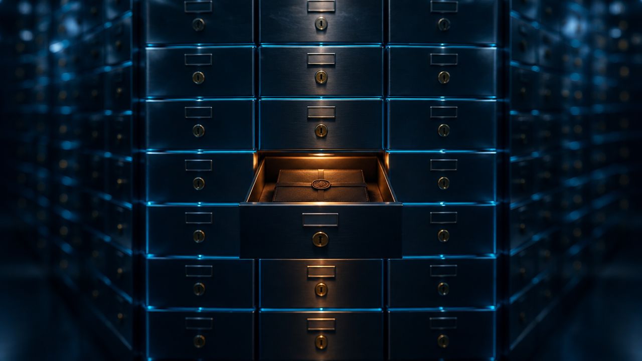 Wand van identieke stalen opbergladen, waarvan één open met een verzegelde kist in amberkleurig licht, als beeld van gescheiden back-ups per klant