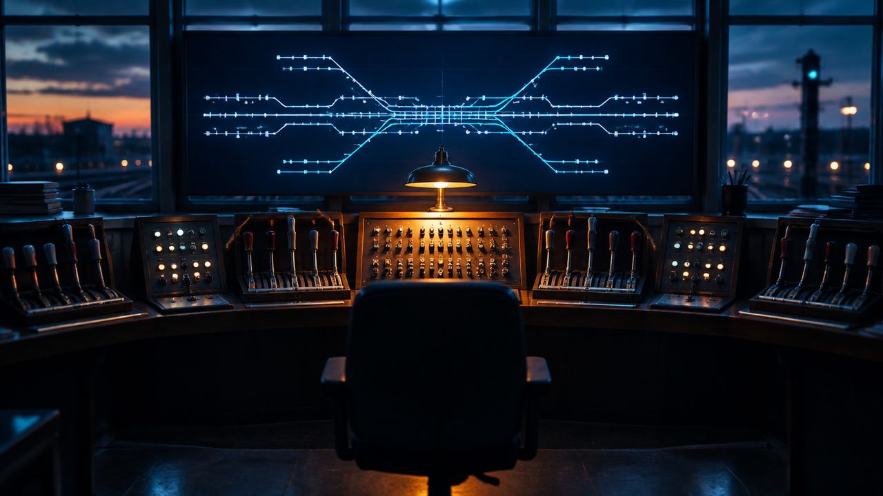 Lege operatorstoel bij een bedieningstafel met losse panelen onder een blauw routediagram, als beeld van één overzicht van veel klanten