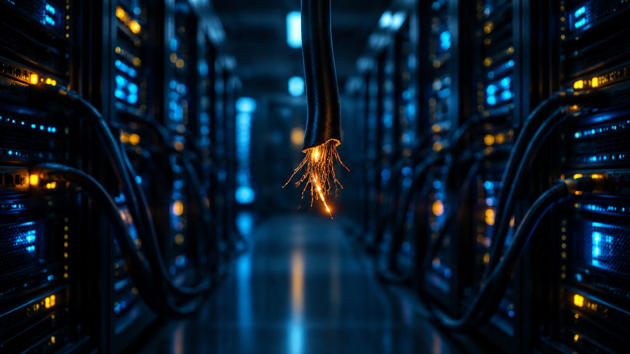 Draaiende serverracks in een donkere datahal, met één doorgesneden kabel in beeld die laat zien hoe één externe afhankelijkheid uitvalt