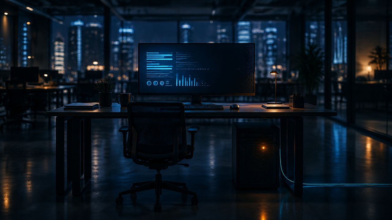 Bureau in een kantoor 's nachts met een dashboard dat vervaagt op een monitor en een kleine gatewayserver die onder het bureau gloeit