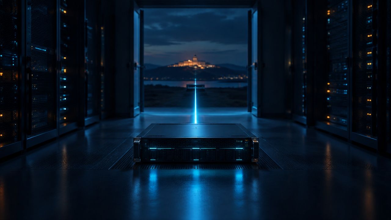 Rackserver in een donkere serverruimte met een lichtstraal naar een gebouw in de verte, als verwijzing naar een off-site back-upkopie