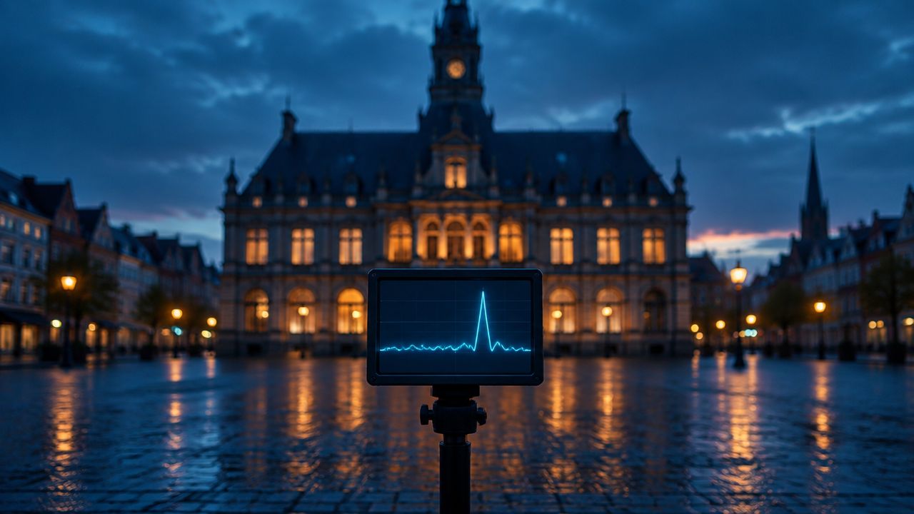 Monitoringscherm met een piekende lijngrafiek op de voorgrond en een verlicht Europees stadhuis in de schemering erachter