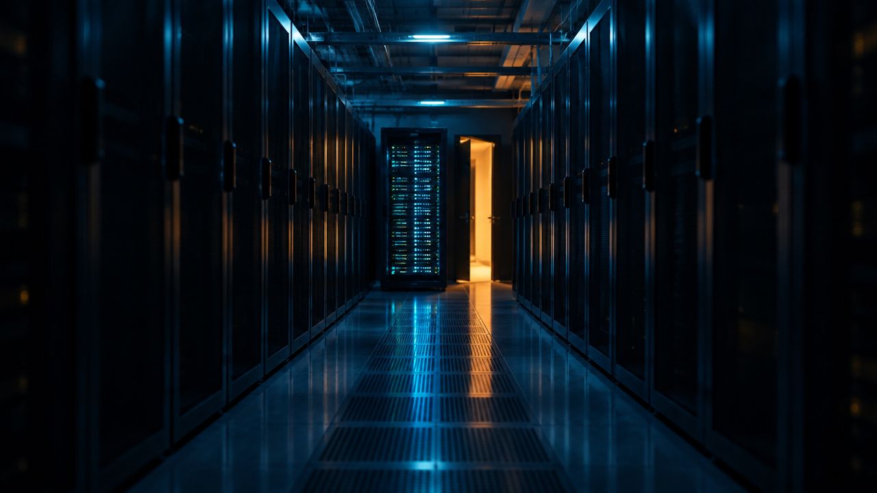 Een donkere gang in een datacenter waar één serverrek in het midden weer is opgestart, als symbool voor herstel na ransomware