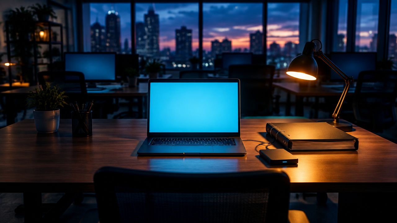 Bureau in de schemering met een bevroren laptopscherm naast een papieren map en een externe schijf onder een amberkleurige lamp