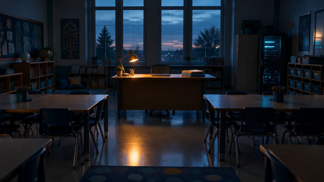 Leeg klaslokaal in de schemering met een laptop en mappen op het bureau van de leerkracht, als beeld voor de leerlinggegevens die scholen moeten beschermen