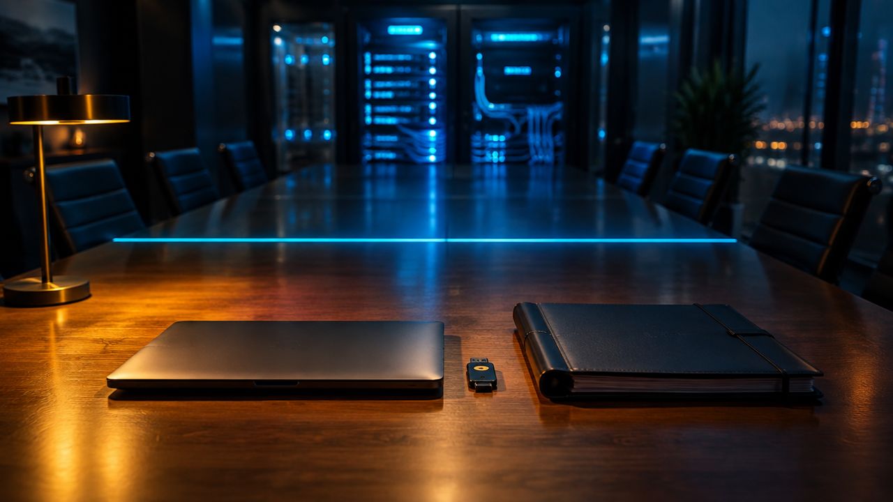 Boardroomtafel, door cyaankleurig licht in tweeën gedeeld: aan de overkant serverhardware, dichtbij een laptop, een beveiligingssleutel en bestanden