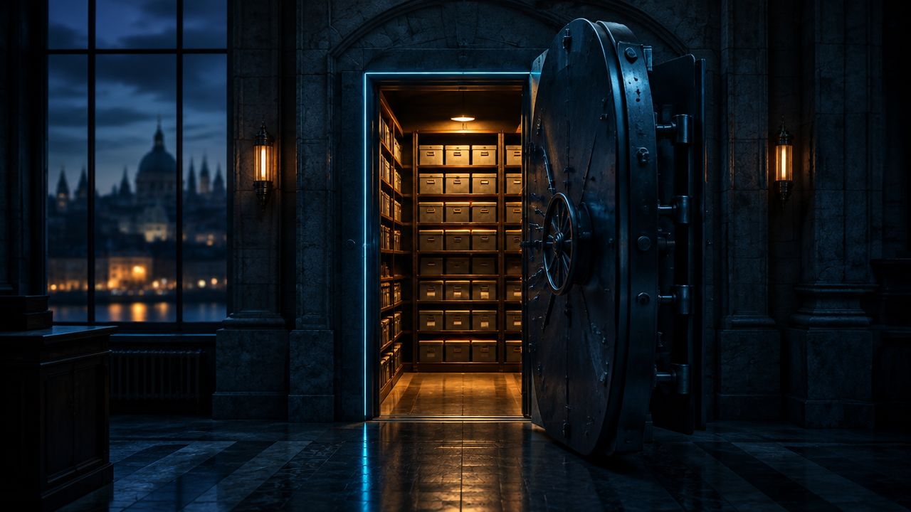 Half open deur van een archiefkluis in een stenen gebouw bij nacht, met amberkleurig verlichte opslagplanken erachter en een skyline in de verte