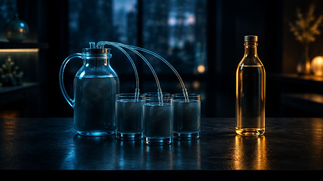 Verbonden glazen met hetzelfde troebele water, naast een aparte, verzegelde fles helder water, amberkleurig verlicht op een donker bureau