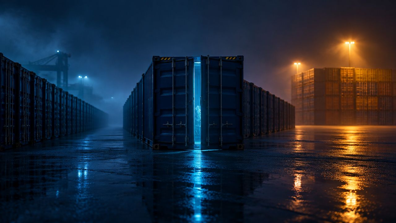 Zeecontainers 's nachts, waarvan één container in het midden op een kier staat en van binnen verlicht is, als beeld van risico in de toeleveringsketen