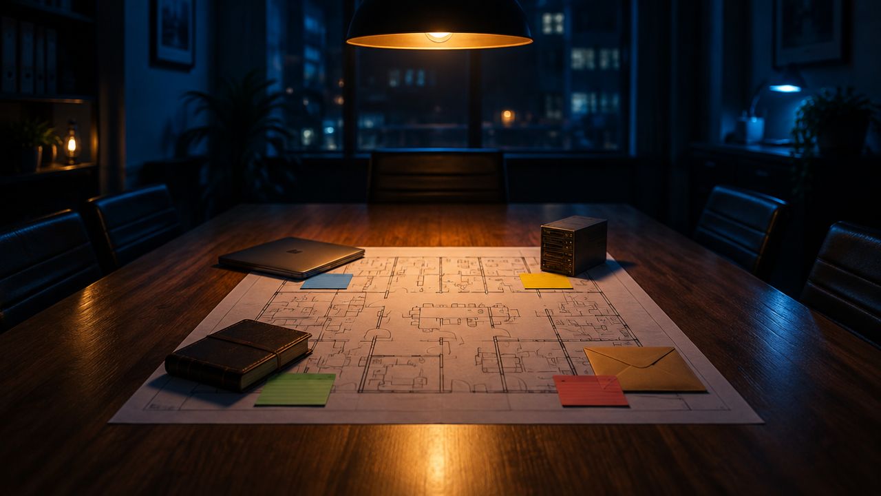 Kantoortafel 's avonds met een plattegrond, indexkaarten en kleine voorwerpen voor laptop, server en grootboek, als kaart van een back-upplan