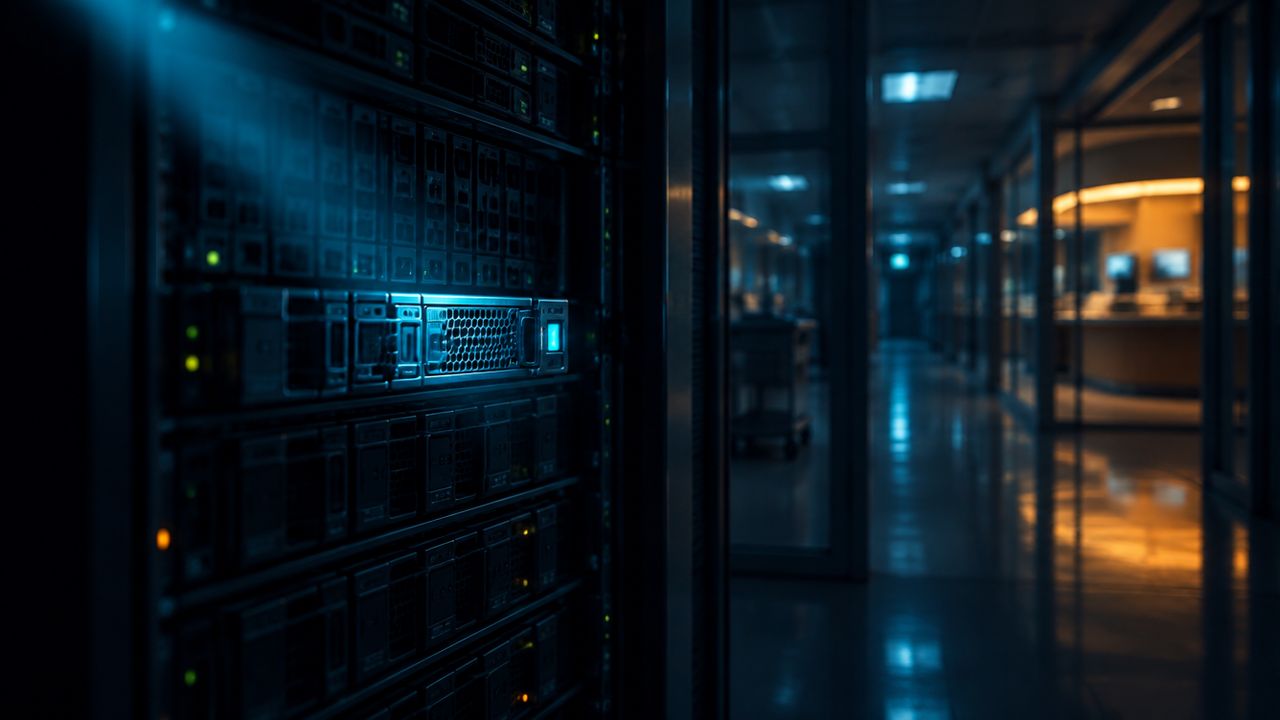 Lichtbundel die een rek met back-upschijven scant in een schemerige serverruimte van een ziekenhuis, met een vervaagde gang op de achtergrond