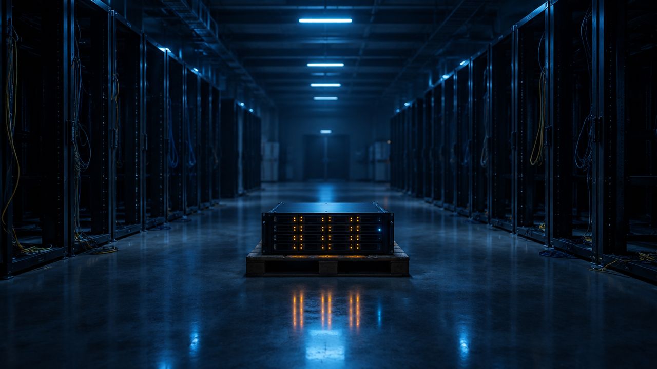 Lege datacenterhal met kale racks en één intacte opslageenheid die in het midden gloeit, een kopie die de verwijdering overleefde