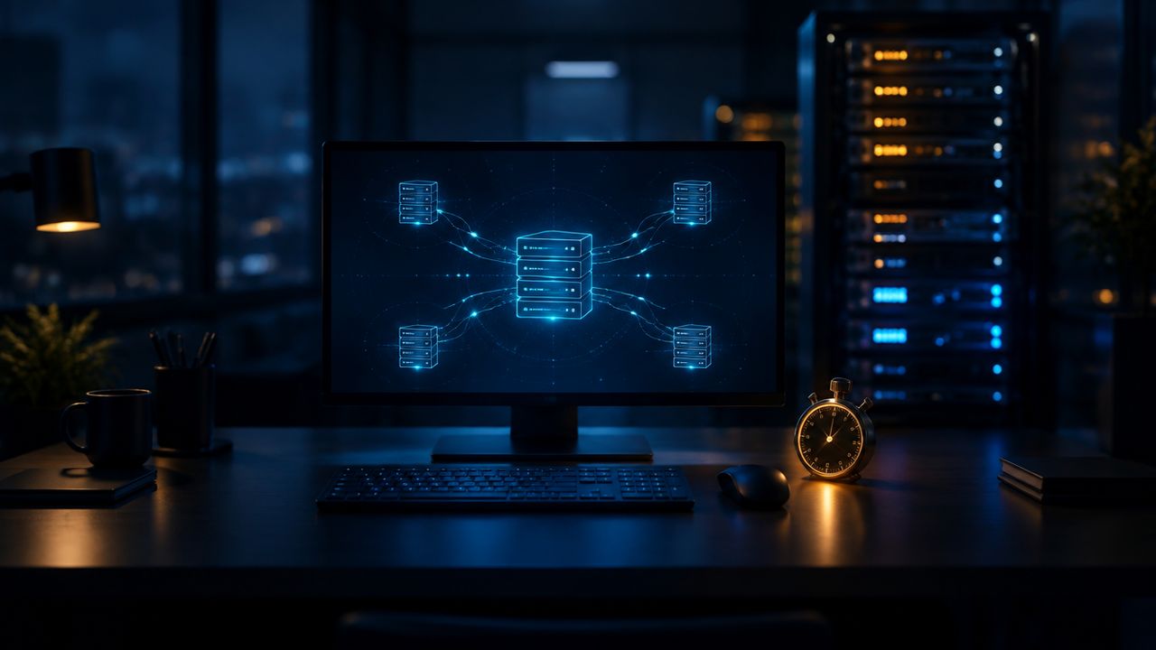 Werkplek in een donkere beheerruimte naast een amberkleurige stopwatch, als beeld van een gemeten hersteltest van een back-up