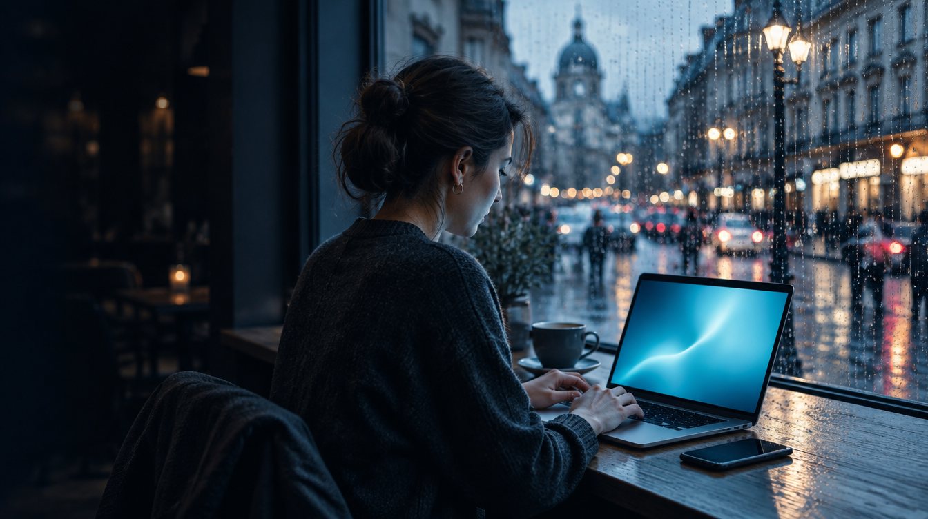 Een laptop op een cafétafel in de schemering, een van de endpoints waarvan Mindtime een back-up maakt