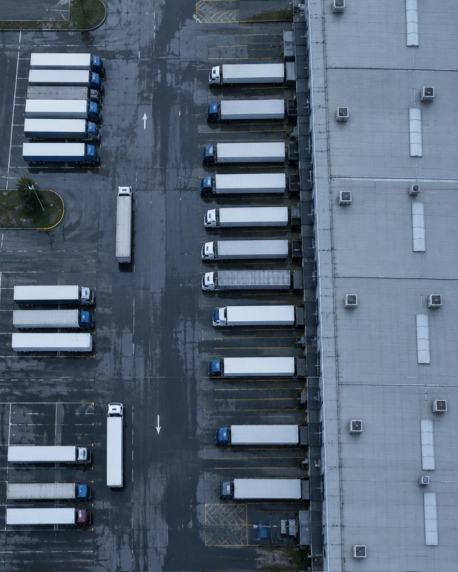 Vrachtwagens bij een distributiecentrum